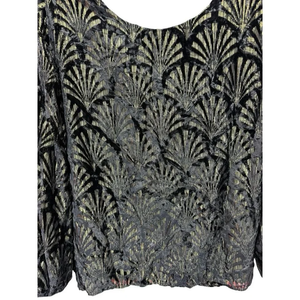 Alice + Olivia Black Metallic Art Deco Blouse Small 3/4 Sleeve Party Top